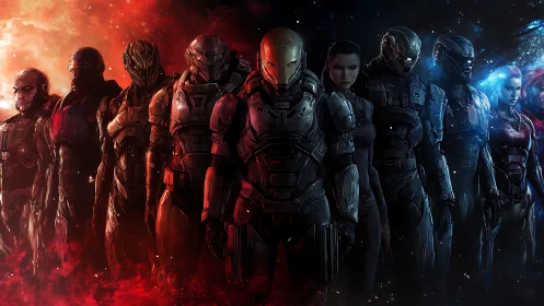 Lineup of armored sci fi soldiers against red and blue void.