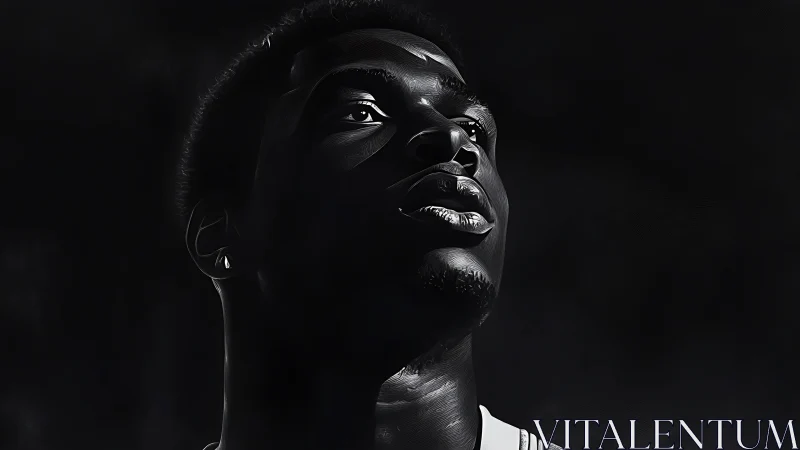 High-contrast monochrome portrait isolates upward gaze in shadow