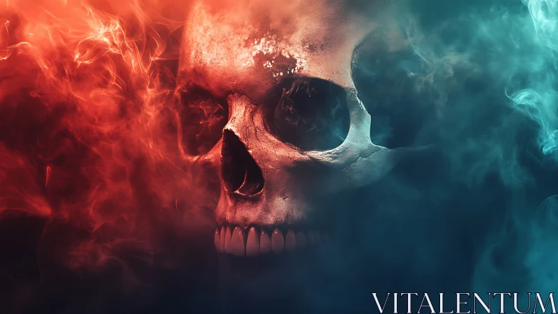 Burning skull emerges through red and blue swirling smoke