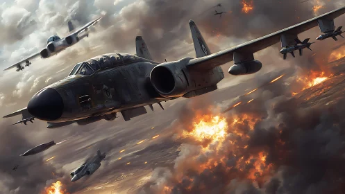 Strike fighters cross burning cloudscape in dynamic combat dive