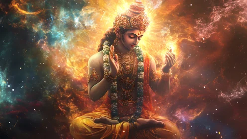 Cosmic meditative deity in radiative nebular energy field.