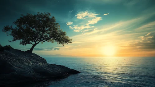 Cinematic seascape with solitary cliffside tree at sunrise.