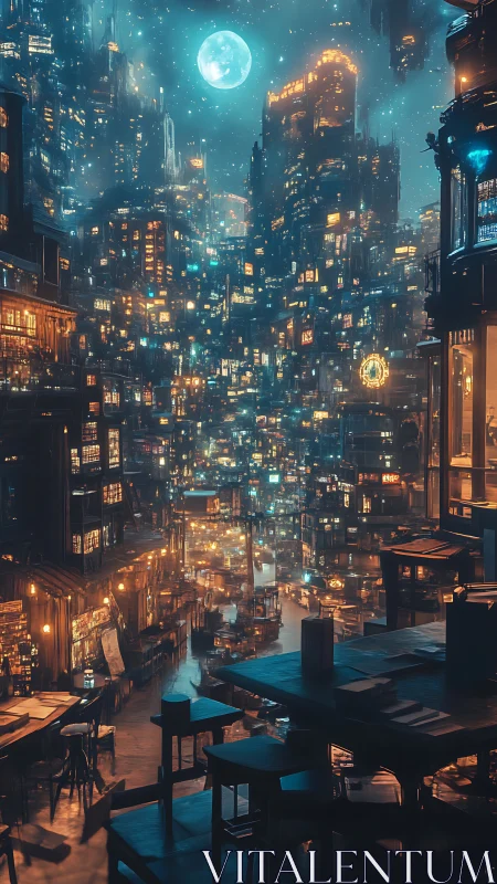 Nocturnal cybercity skyline under glowing teal moonlight.