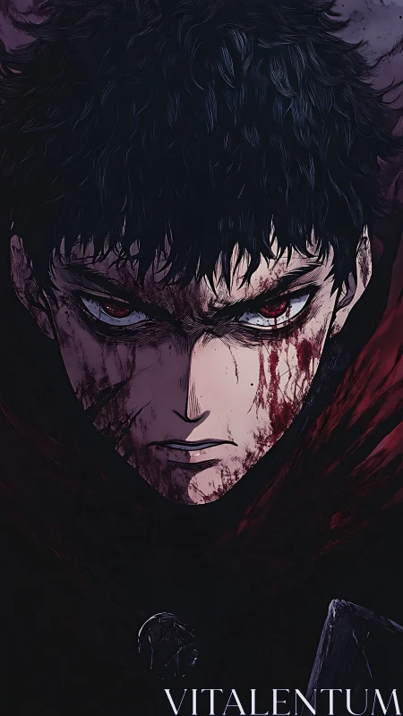 Bloodstained anime warrior with intense red gaze portrait.