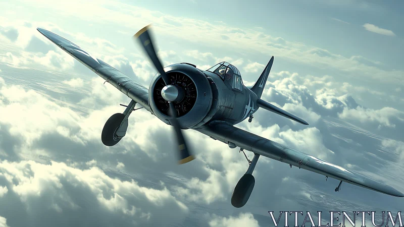 WWII fighter aircraft banking through sunlit cloud strata.