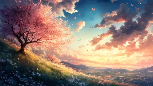Sunlit blossom tree overlooking a dreamy pastel valley.