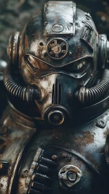 Rust-scarred power armor studies battle in mute reflection