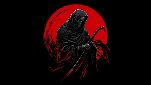 Grim reaper silhouette before blood-red lunar eclipse