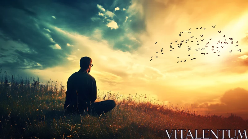 Contemplative figure on hillside under warm cinematic sunset.