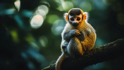 Juvenile squirrel monkey posed on branch under bokeh canopy.