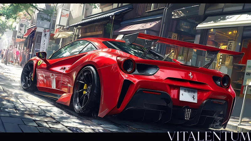 Red supercar under city light in narrow urban street scene.
