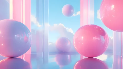 Pastel 3D spheres in reflective sky portal environment.
