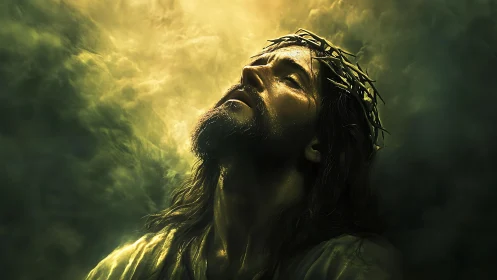 Dramatic digital portrait of crowned figure in radiant clouds