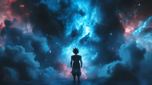 Silhouetted warrior studies energetically lit nebular cloud rift