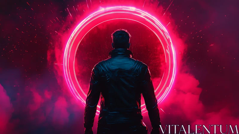Cyberpunk figure before neon plasma ring in magenta vapor field