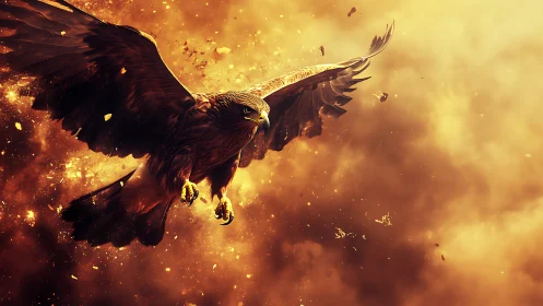 Majestic eagle soaring through fiery sky in dramatic digital art.