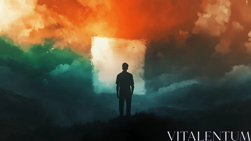 Silhouetted figure before luminous abstract portal landscape.