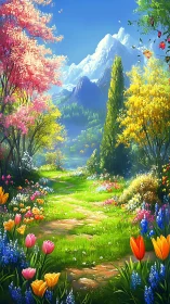 Floral mountain path in bright spring landscape setting.