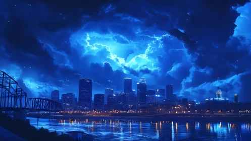 Midnight city skyline under electric storm-lit clouds.