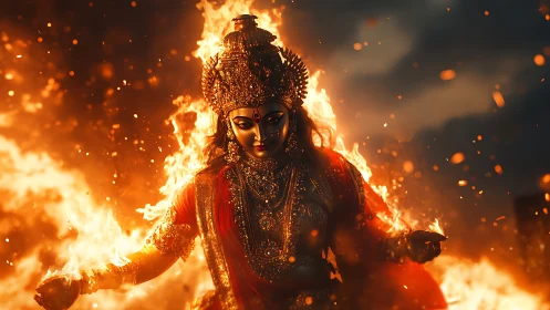 Divine Deity Ablaze: Ornamental Figure Engulfed in Ethereal Flames.