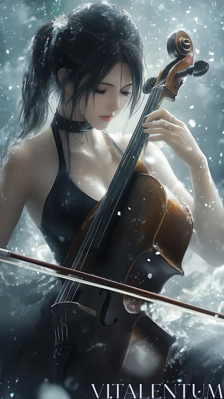Focused cellist playing in snowlit water scene.