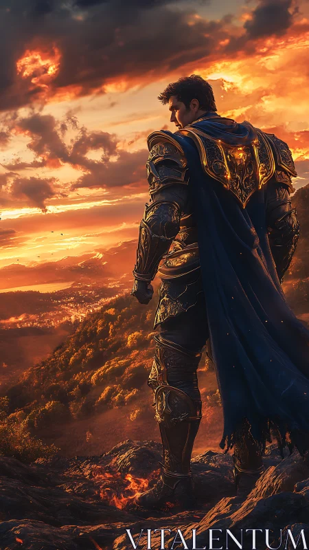 Armored warrior surveys a burning valley at blazing sunset.