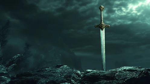 Lone legendary sword waiting quietly on a stormy cliff.