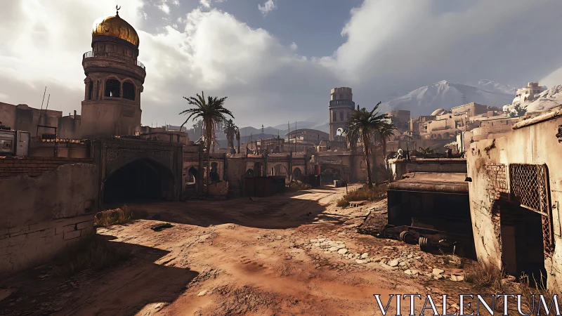 Desert town street curves toward domed tower under clouds