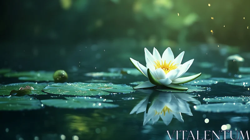 White lotus drifts on tranquil pond in soft golden light.