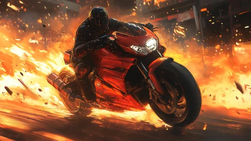 Motorcyclist rides red superbike through intense street fire.