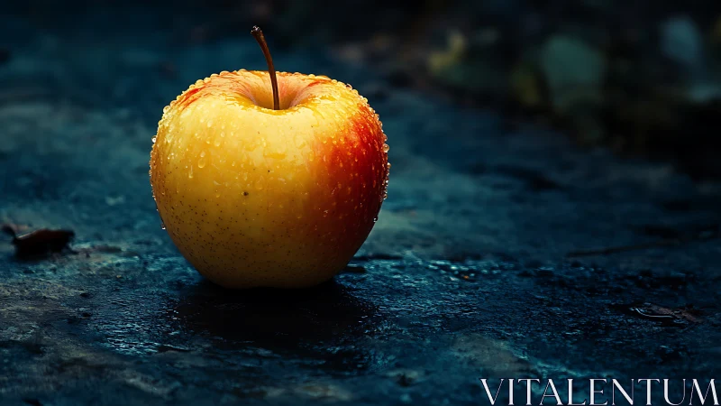 Sunlit dewy apple resting softly on a cool blue stone.