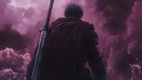 Brooding armored warrior before stormy violet sky.