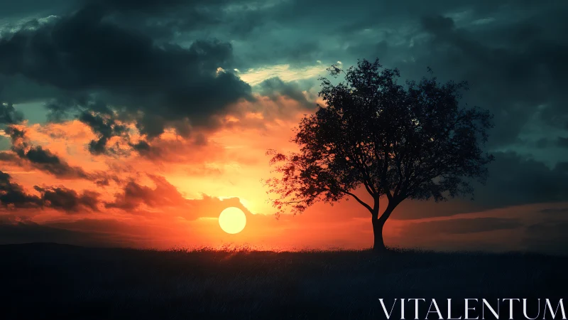 Solitary tree silhouettes against blazing twilight sun.