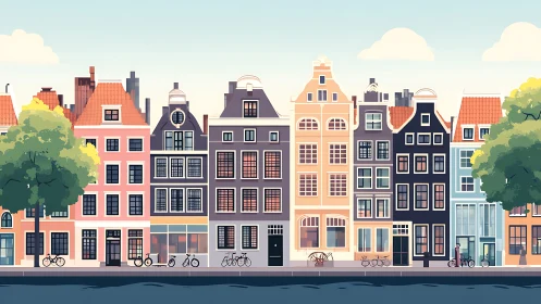 Colorful canal houses line a serene European waterfront.