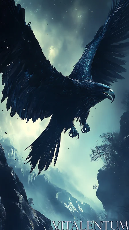 Digital painting of a dark eagle over misted mountain ravine.