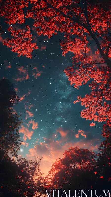 Crimson treetops cradle a star-swept twilight sky dreamscape.