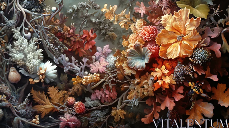 Autumn florals entwined with coral-like branches in bloom.