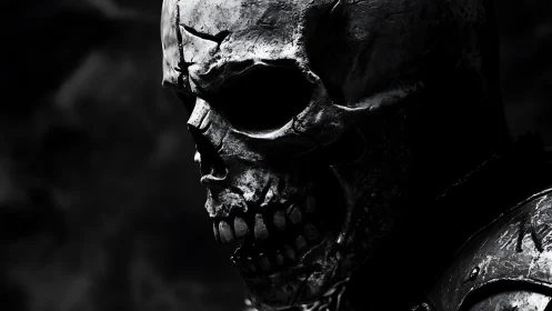 Side profile of weathered metallic skull in harsh light.