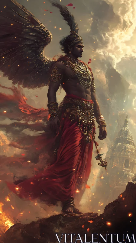 Winged warrior figure stands over burning rocky landscape