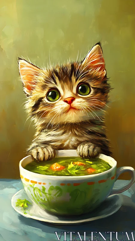 Whimsical Tabby Kitten Perched Over Vegetable Broth Bowl