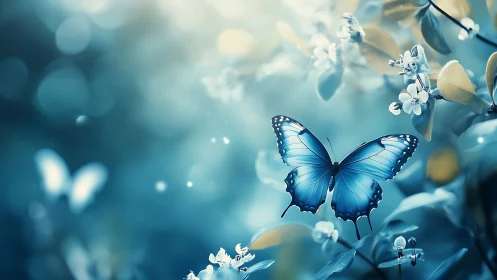 Blue butterfly in soft bokeh garden with white blossoms.