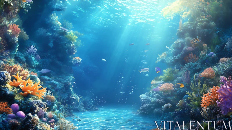 Digital painting of sunlit coral reef canyon environment.