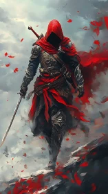 Hooded armored swordsman in red cloak amid swirling mist.
