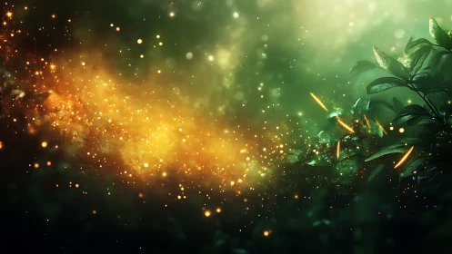 Glowing particles drift through green foliage at night.