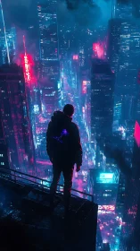 Solitary figure overlooks neon cyberpunk megacity from rooftop