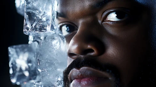 Close-up human face partially obscured by stacked ice cubes.