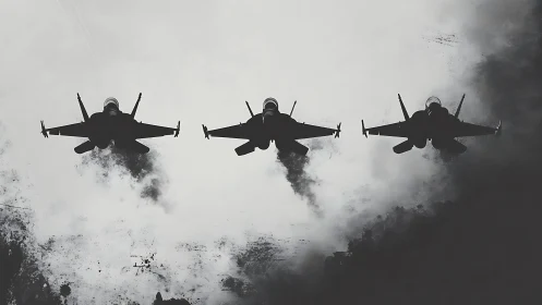 Triangular fighter jet formation leaves dense exhaust over clouds