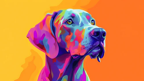 Color-saturated dog portrait on dual-tone warm backdrop.