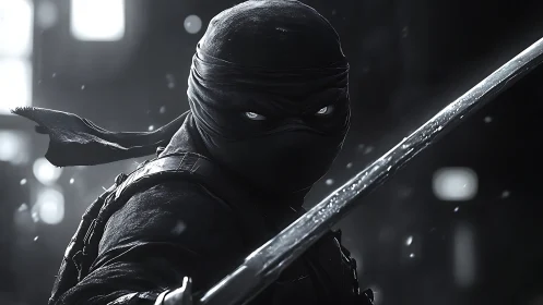 Midnight ninja poised in stormlit steel and shadowed silence.
