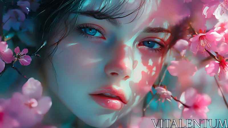 Blossom-drenched gaze beneath watercolor neon shadows.